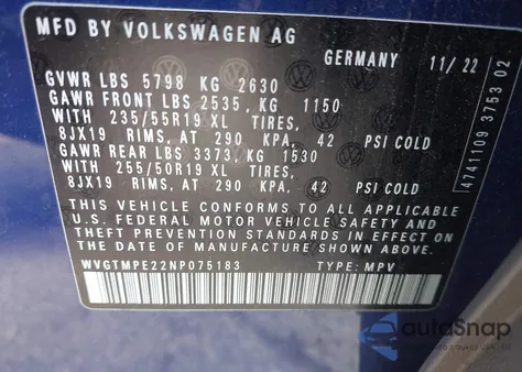 2022 Volkswagen Id.4 Pro S из США, поврежденный, VIN WVGTMPE22NP075183